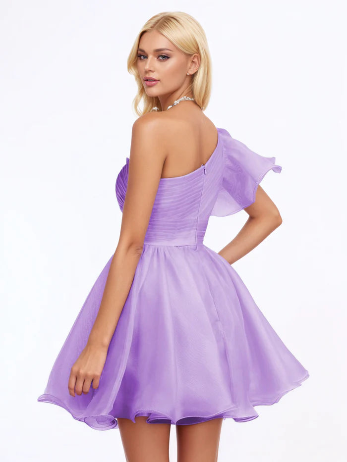 Lilac One Shoulder Tulle Pleats Homecoming Dress