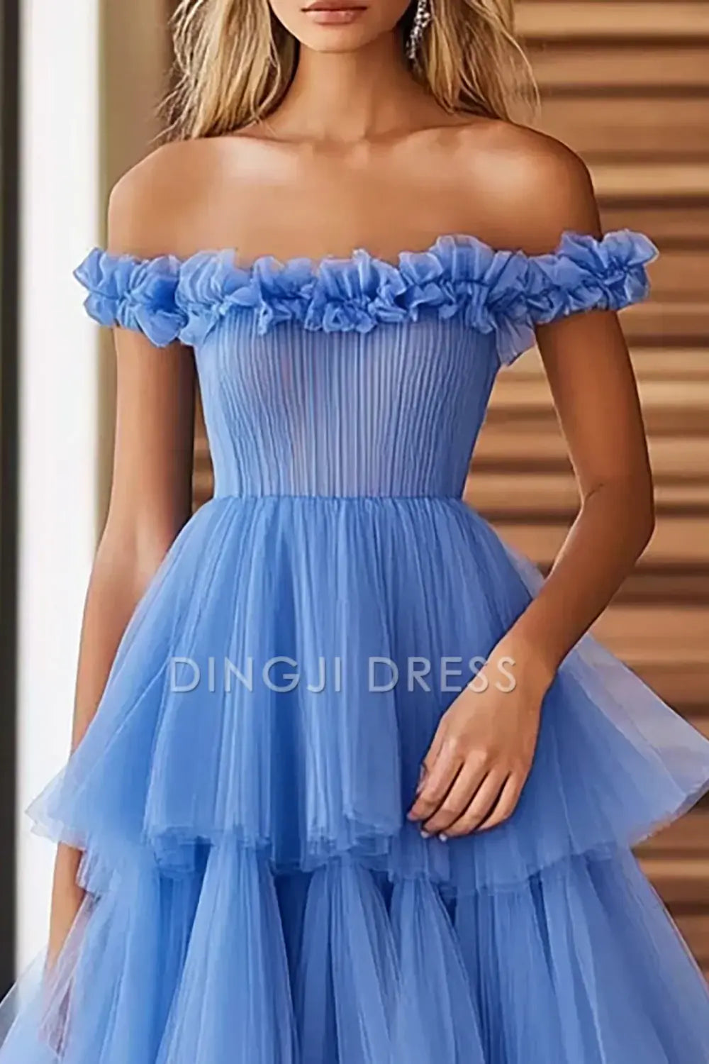 DingJiDress High Quality Dress A Line Off The Shoulder Exquisite Pleated Tiered Long Prom Dress
