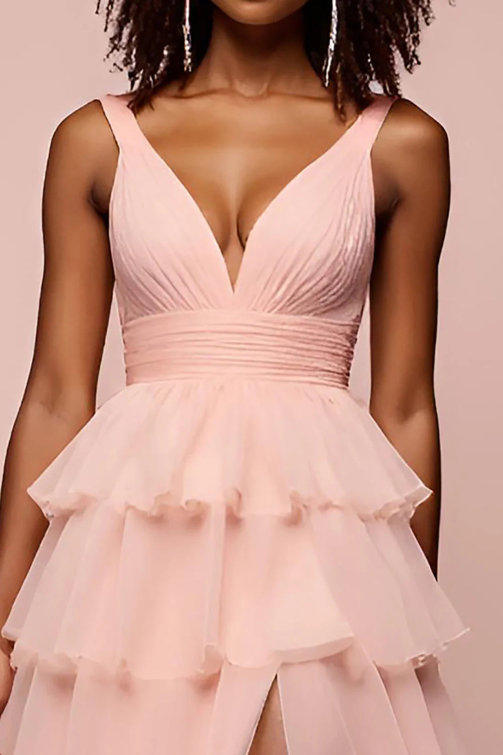 Pink chiffon A-line layered backless long slit ball dress