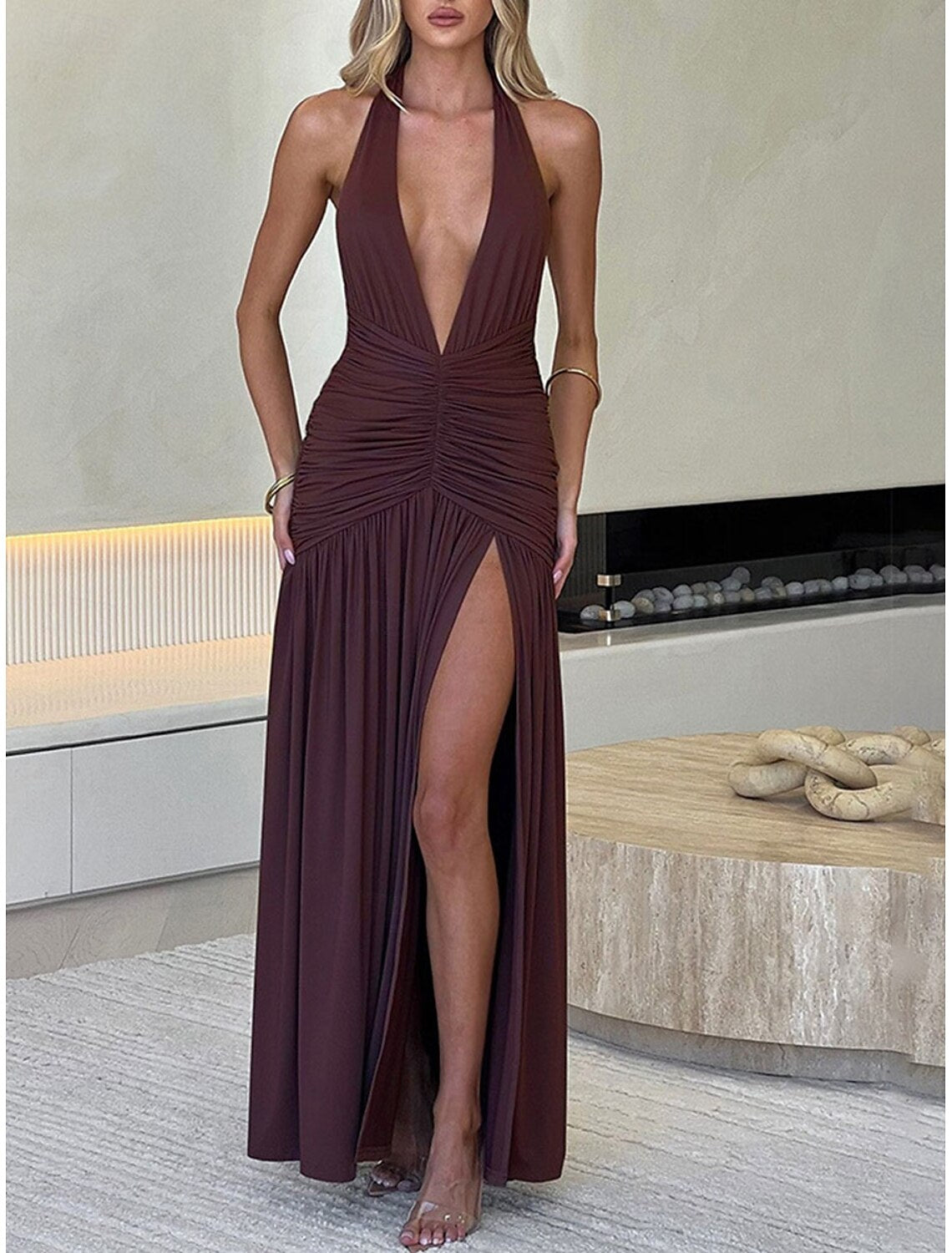 Mermaid / Trumpet Party Dresses Elegant Dress Wedding Wedding Guest Floor Length Sleeveless Halter Neck Imitation Silk Backless with Slit