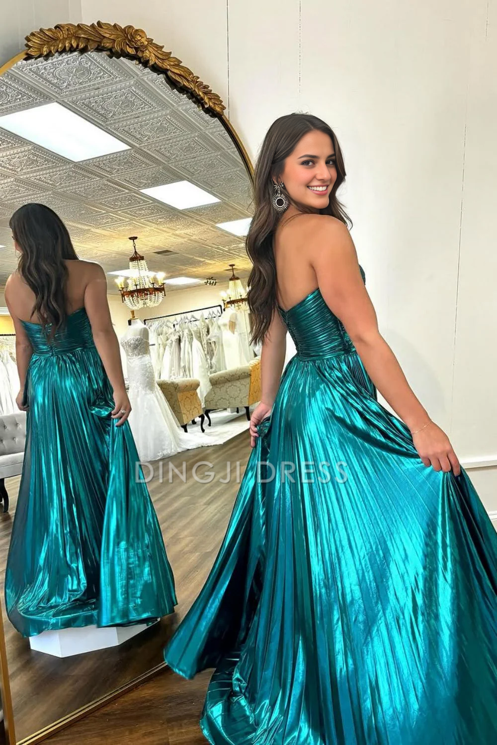 DingJiDress A-Line Sweetheart Long Pleated Metallic With Slit Fashion Prom Dress