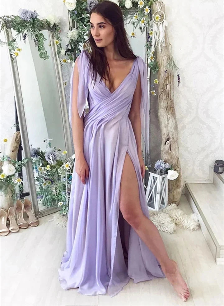 Light purple chiffon long party dressball dress party dress