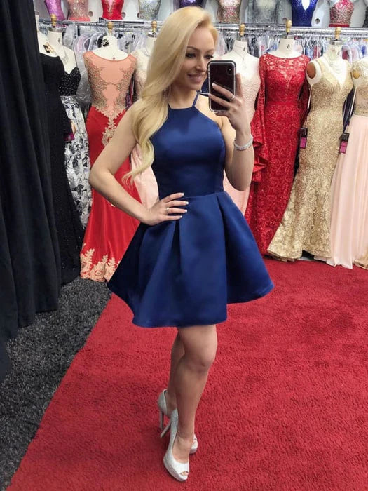 A Line Blue Satin Short Prom Homecoming Dresses Short Blue Formal Graduation Evening Dresses