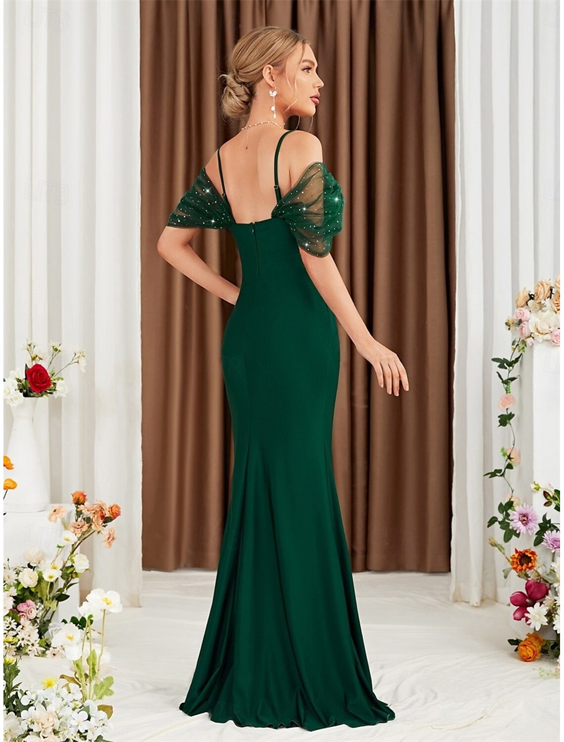 Mermaid Trumpet Quinceanera Dresses Elegant Dress Wedding Wedding Guest Floor Length Sleeveless Off Shoulder Polyester Backless with Glitter