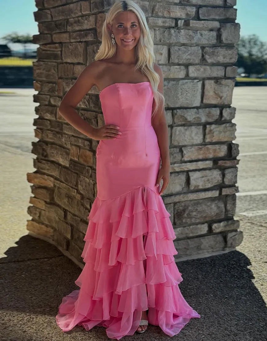 Blue mermaid strapless lotus leaf side length split party dress