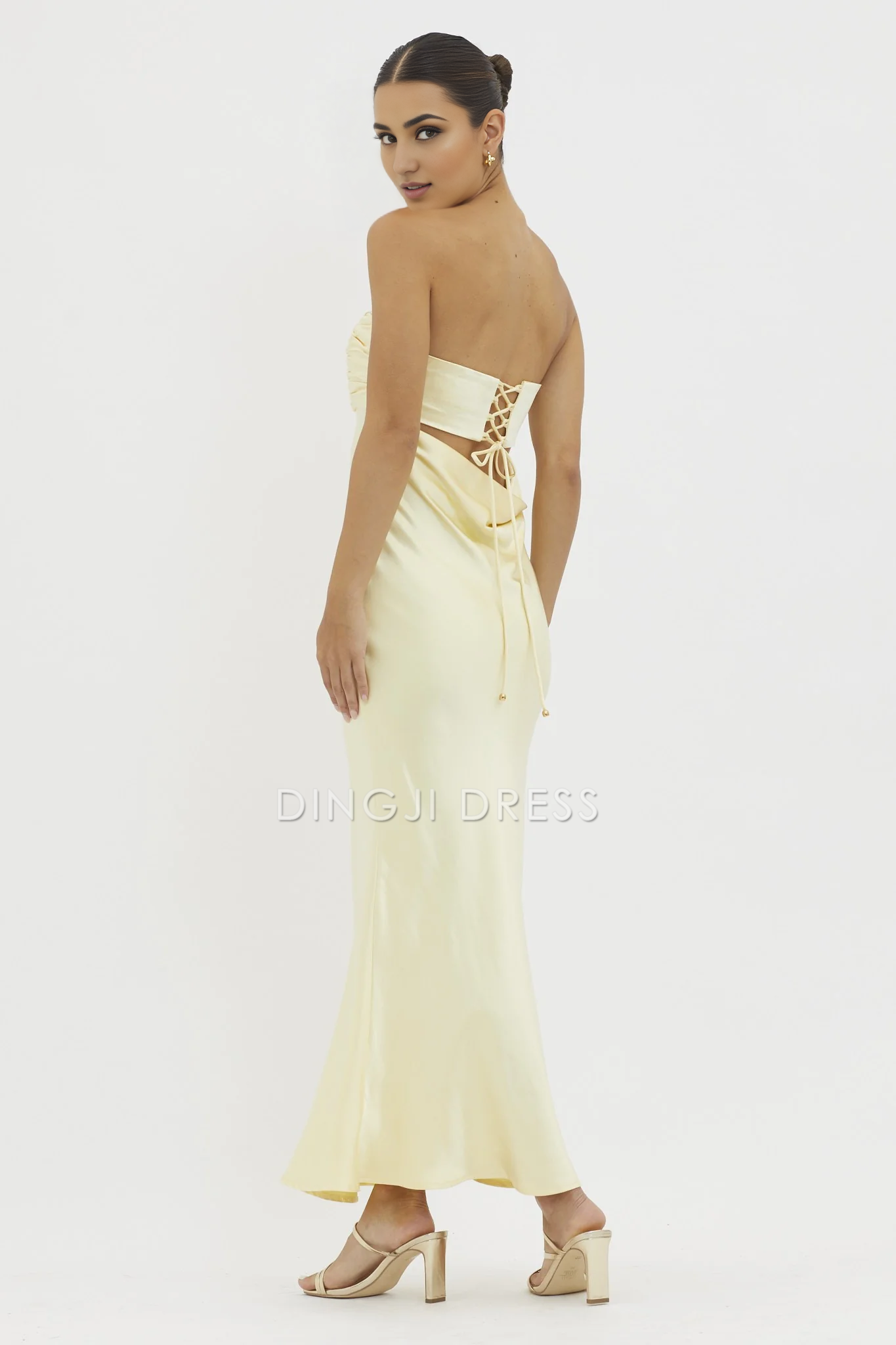 DingJiDress Simple Sheath Pleated Bodice Strapless Long Temperament Prom Dress
