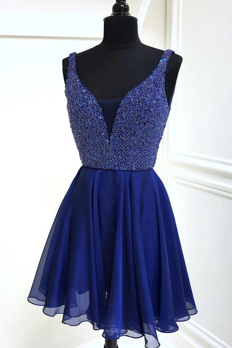 Blue v neck chiffon short prom dress blue homecoming dress