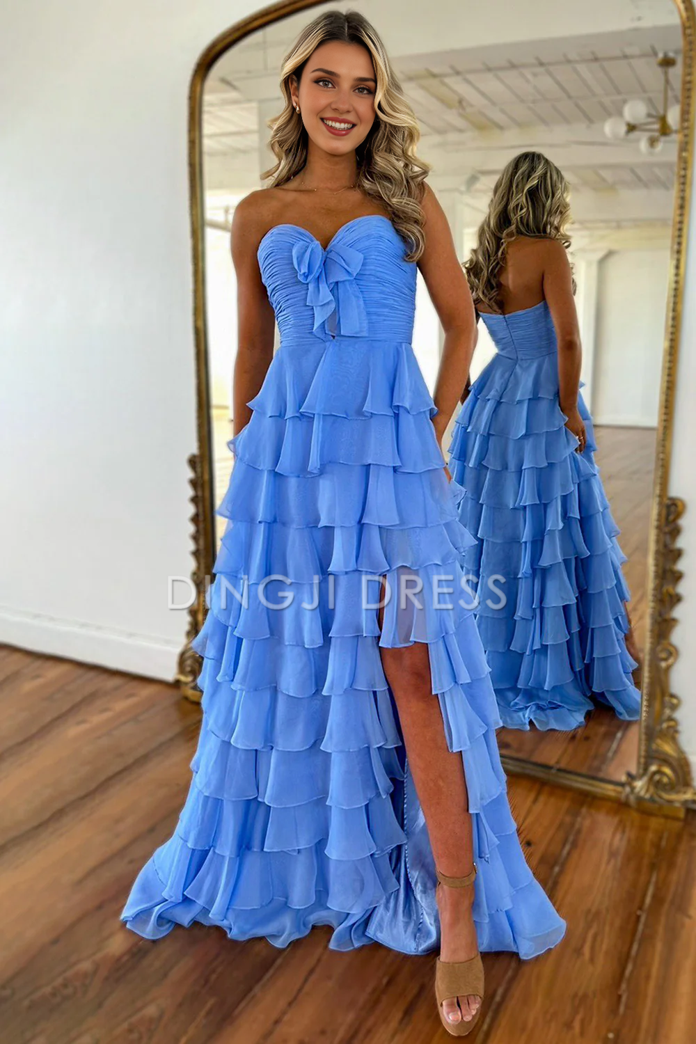 DingJiDress Cute A-Line Sweetheart Strapless Tiered Chiffon Side Fork Elegant Prom Dress