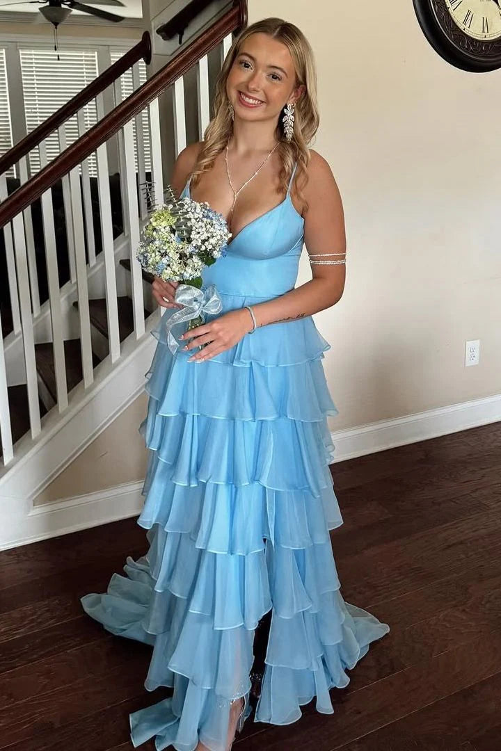 Spaghetti Straps V-Neck Layered Chiffon Sleeveless Long Prom Dress ﻿