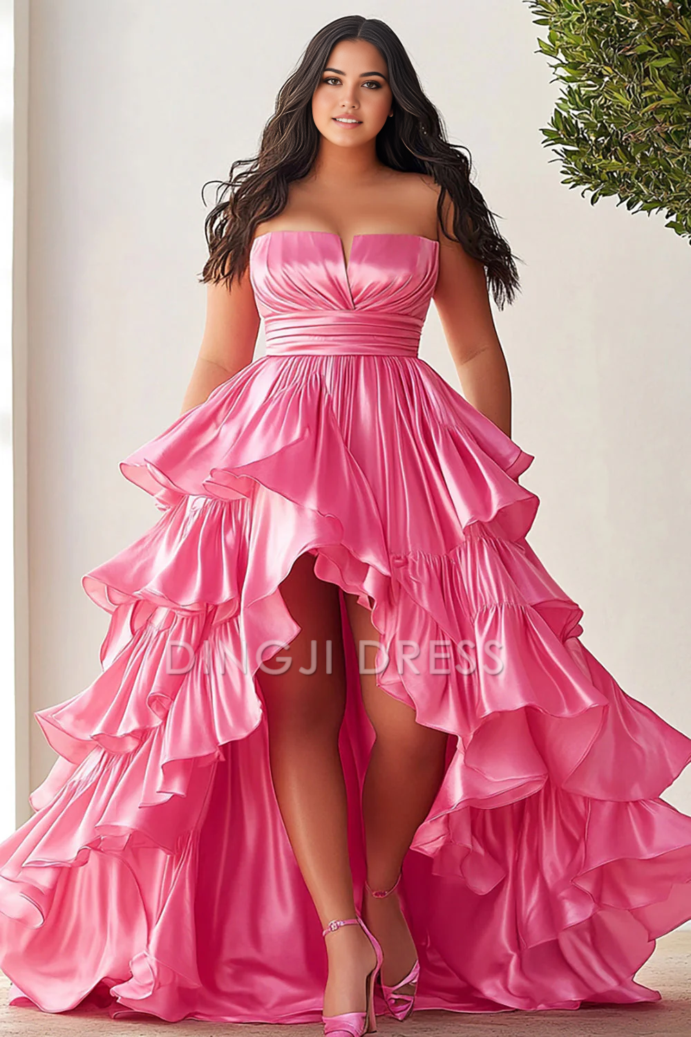 DingJiDress High Quality Dress Strapless A Line Ruffles High Low Plus Size Prom Dress