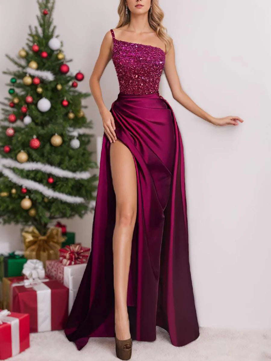 Purple red one shoulder long sequined split floor evening gown
