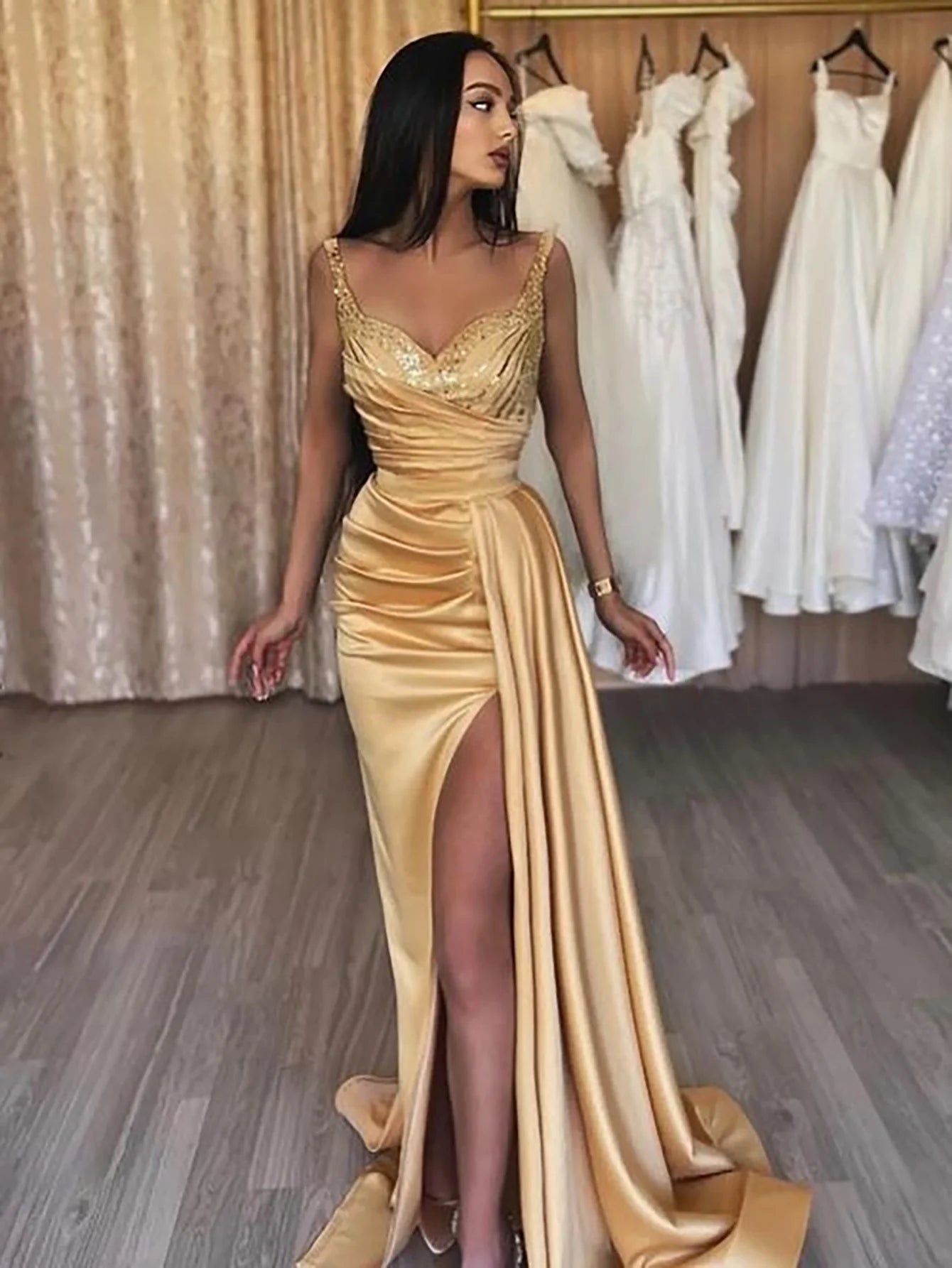 Champagne Sparkly Satin Sleeveless Long Prom Dress