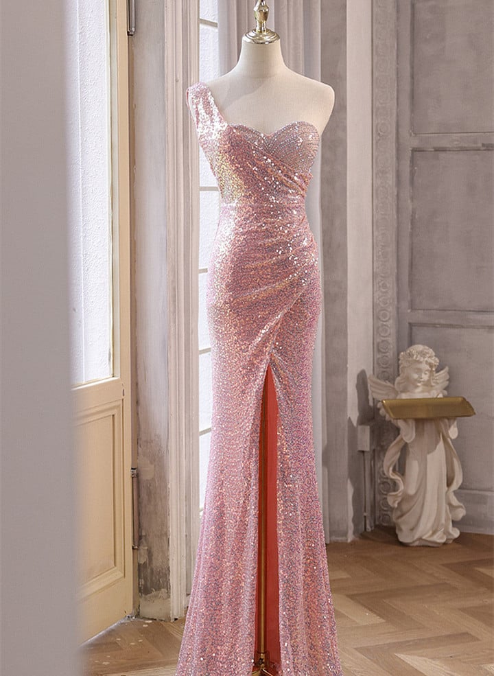 Pink Sequins Mermaid Sweetheart Long Prom Dress Sequins Evening Dress