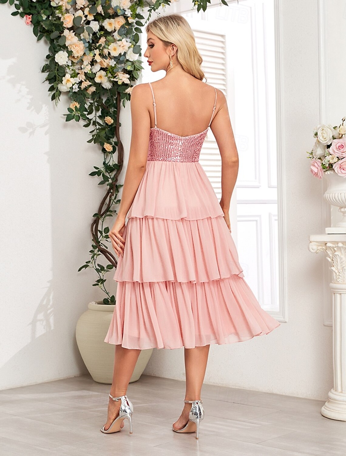 Sheath / Column Party Dresses Party Dress Party Wear Cocktail Party Tea Length Sleeveless V Neck Pink Dress Chiffon Backless with Pleats Sequin