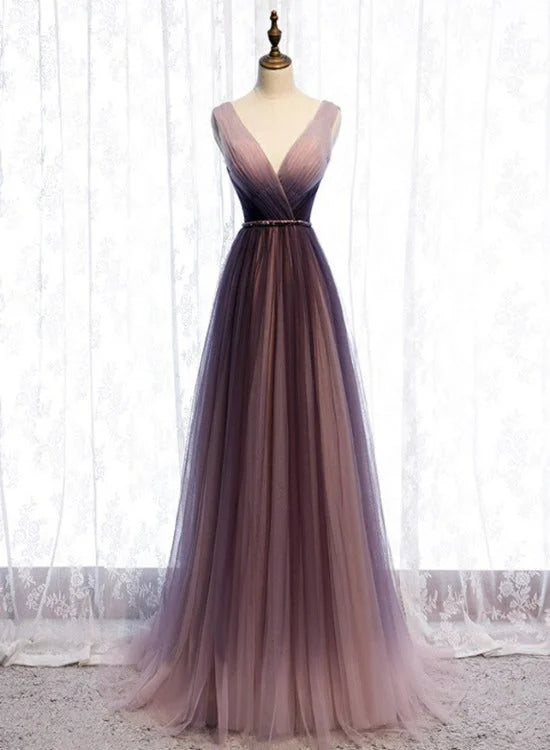 Gradient V-neckline Tulle Long Prom Dress Party Dress Gradient Evening Gown