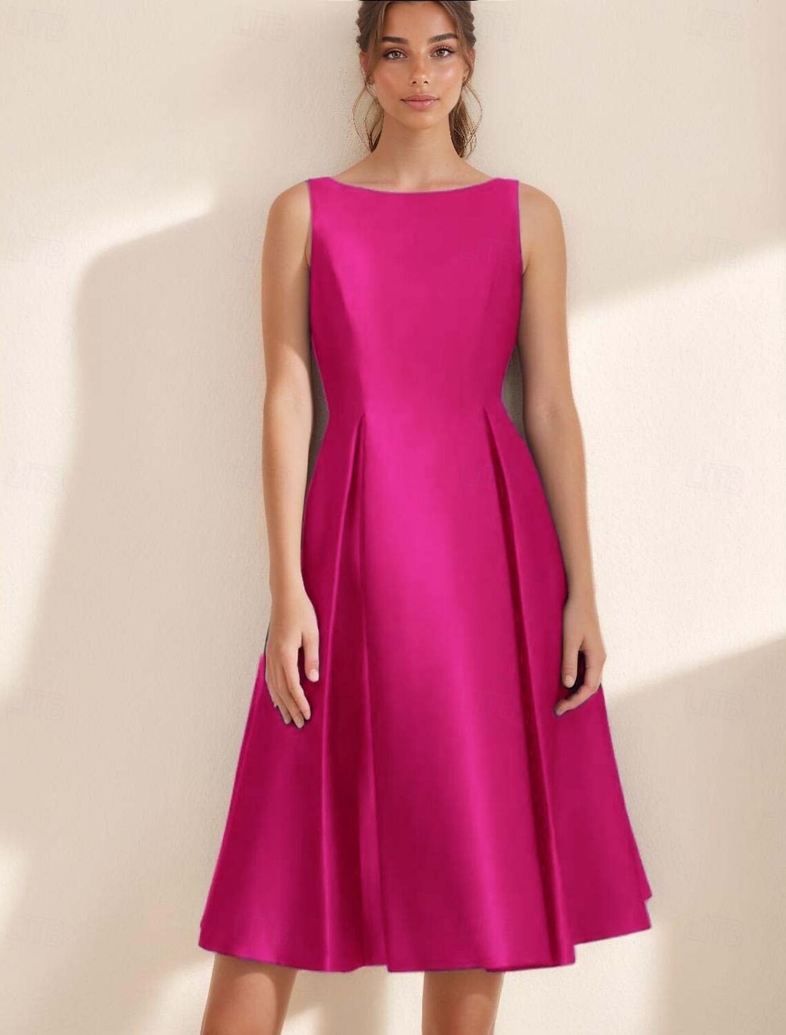 A-Line Cocktail Dresses Elegant Dress Formal Evening Party Tea Length Sleeveless Boat Neck Pocket Satin with Pleats Derby Dresses