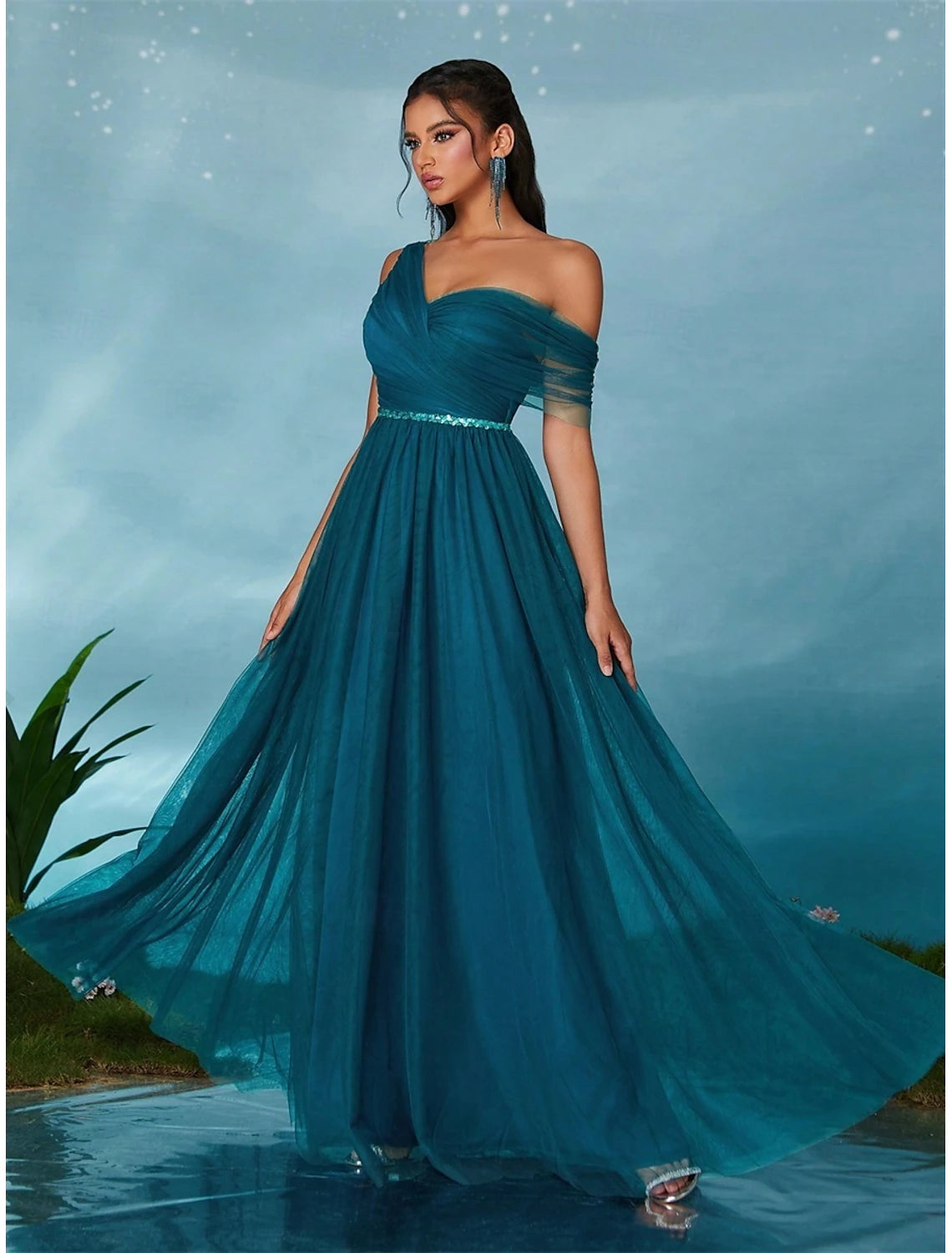 A-Line Quinceanera Dresses Party Dress Wedding Wedding Guest Floor Length Sleeveless V Neck Tulle Backless with Pleats