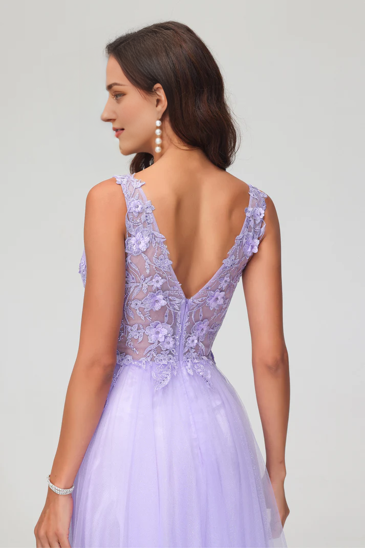 DingJiDress Formal Women's Dresses  A-Line V-neck Sleeveless Lace Applique Beaded Tulle Floor-Length Prom Dresses