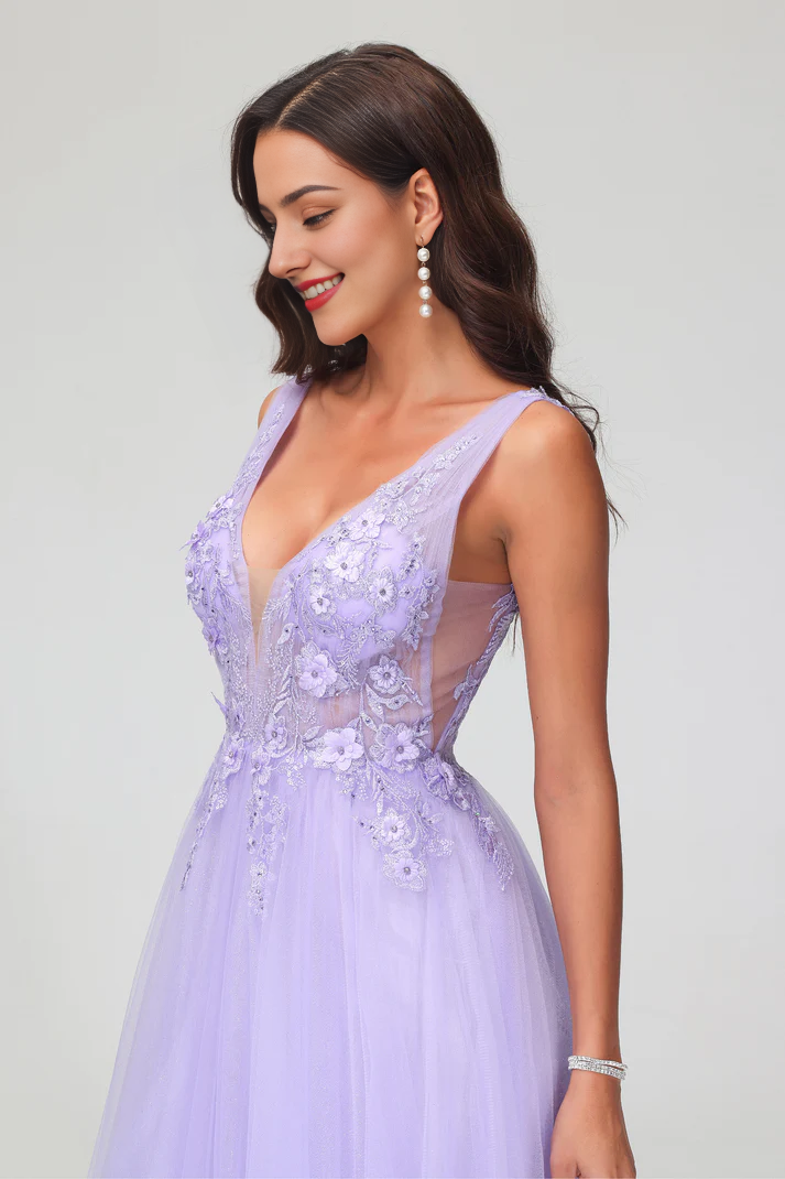 DingJiDress Formal Women's Dresses  A-Line V-neck Sleeveless Lace Applique Beaded Tulle Floor-Length Prom Dresses