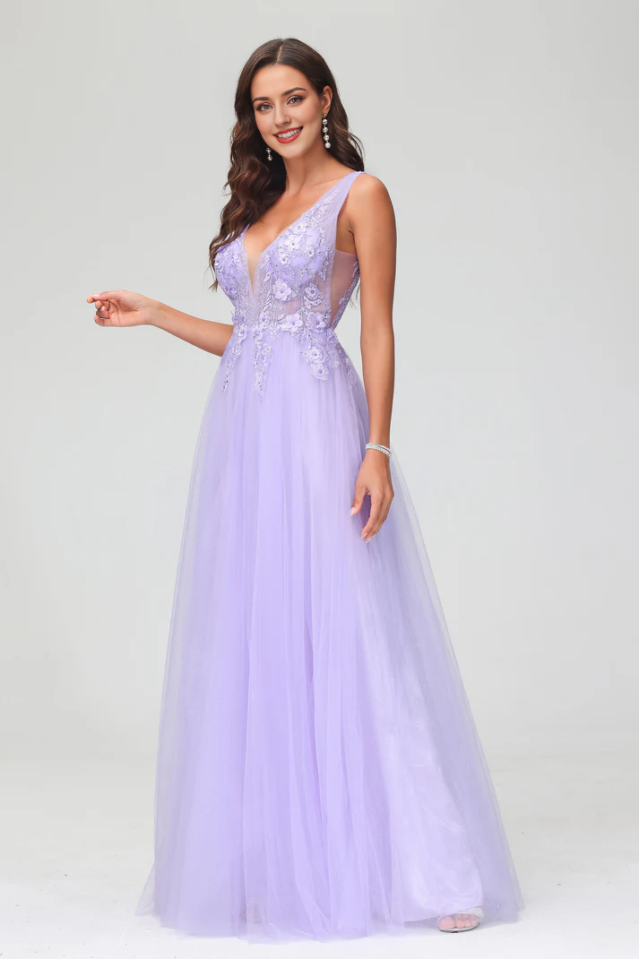 DingJiDress Formal Women's Dresses  A-Line V-neck Sleeveless Lace Applique Beaded Tulle Floor-Length Prom Dresses