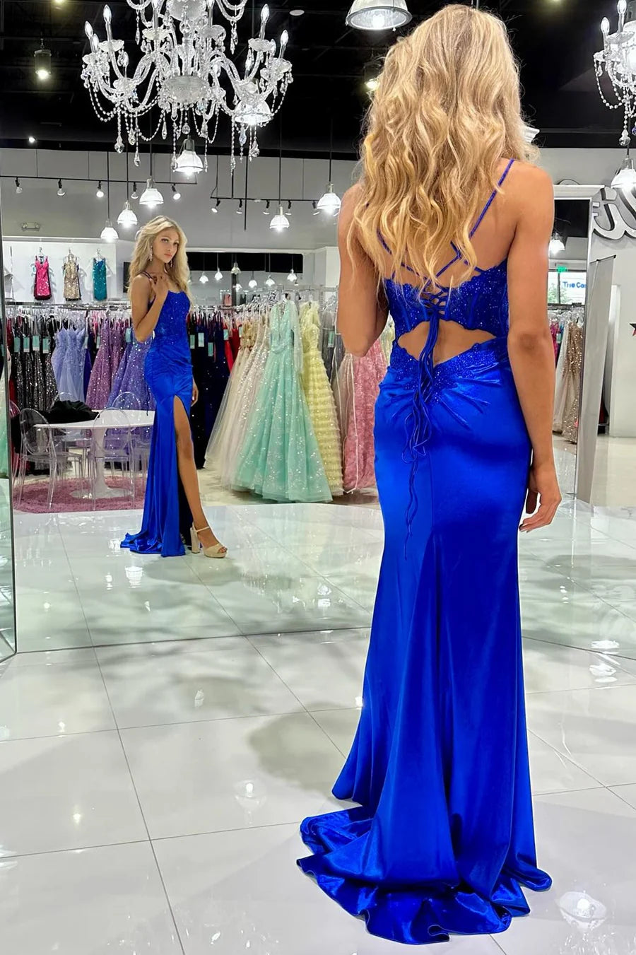 Appliques Lace-Up Mermaid Long Formal Dress with Slit