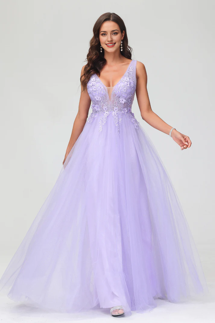 DingJiDress Formal Women's Dresses  A-Line V-neck Sleeveless Lace Applique Beaded Tulle Floor-Length Prom Dresses
