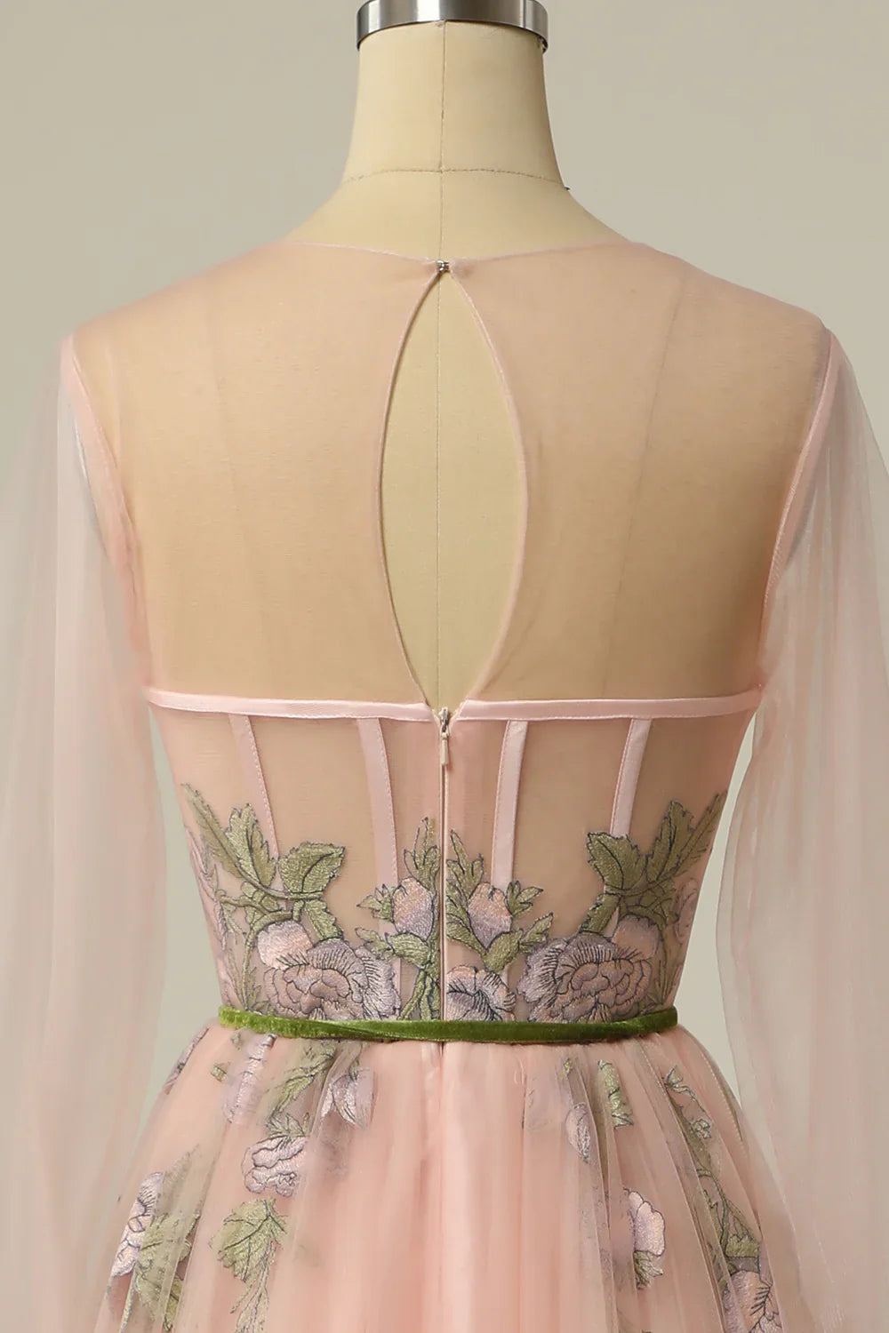 DingJiDress A Line Jewel Light Nude Long Prom Dress with Embroidery