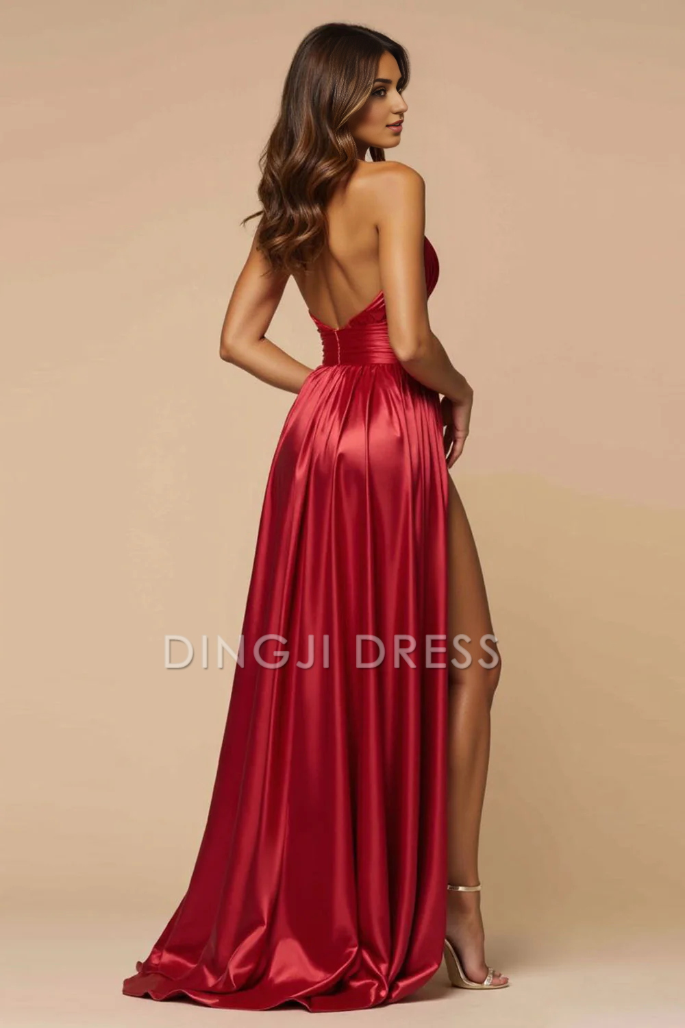 DingJiDress High Quality Dress Charming A Line Deep V Neck Halter Pleated Backless Long With Slit Prom Dress