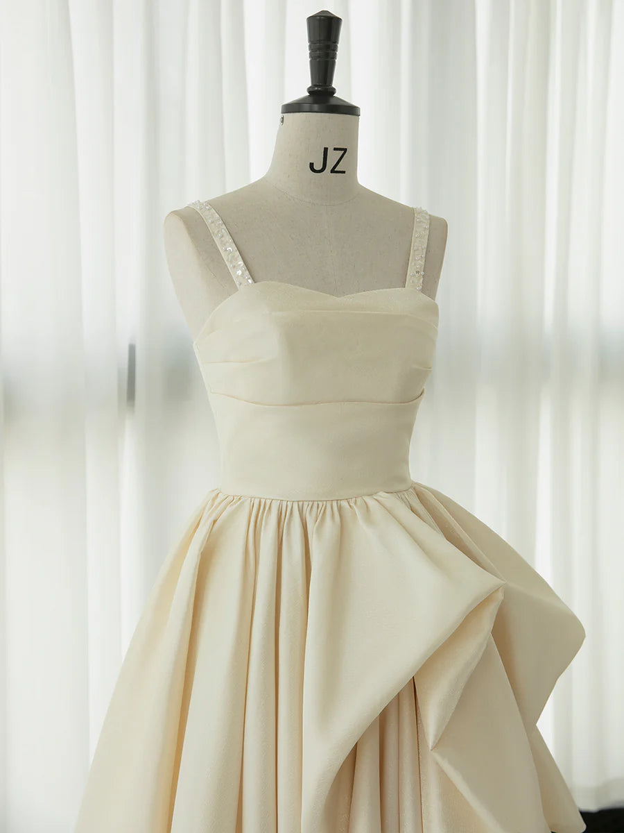 Champagne Satin Tea Length Prom Dress Champagne Formal Dress