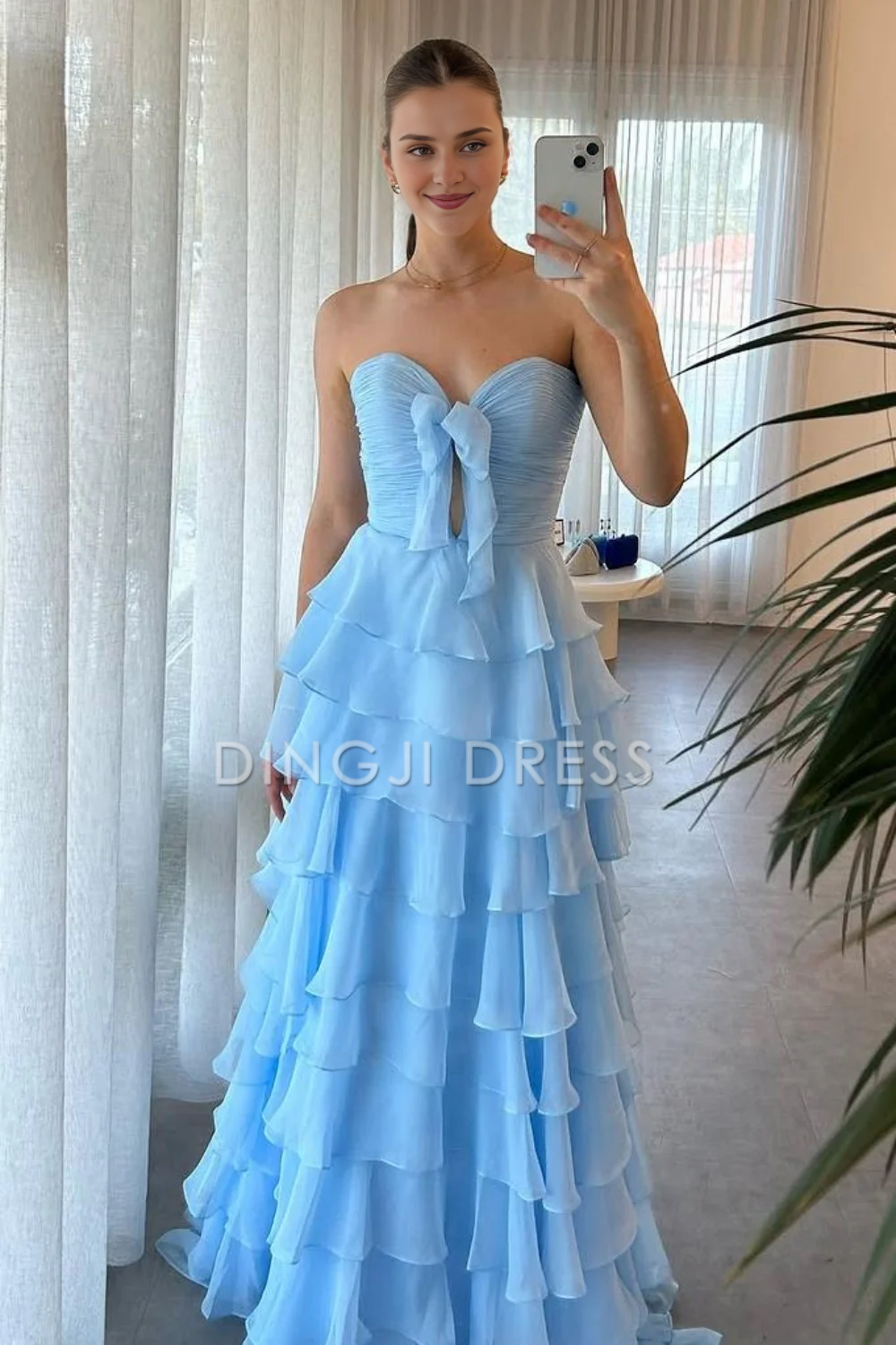 DingJiDress Cute A-Line Sweetheart Strapless Tiered Chiffon Side Fork Elegant Prom Dress