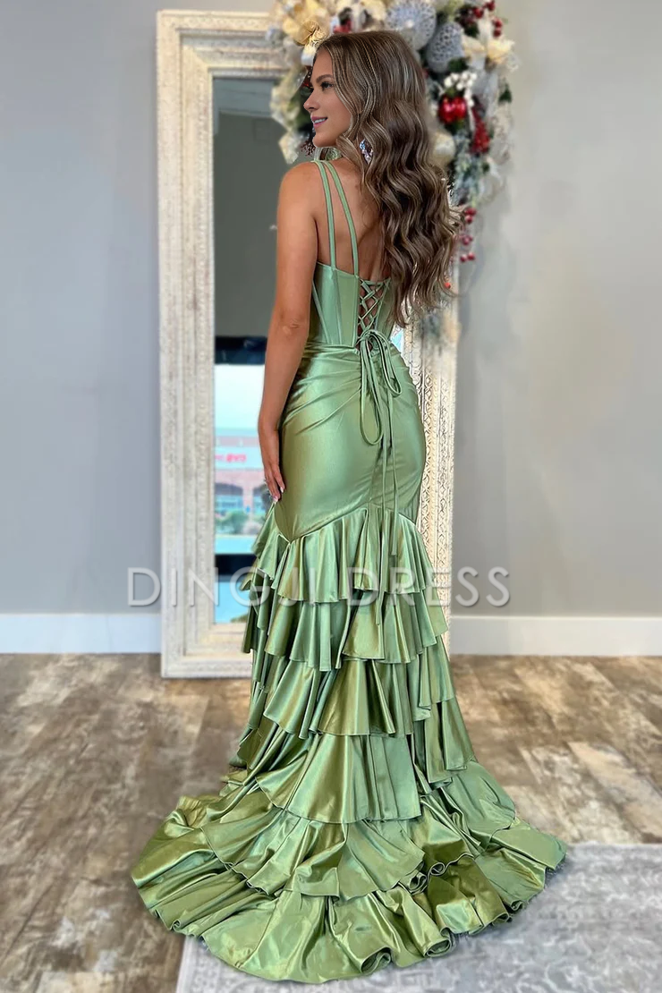 DingJiDress Cute Mermaid V Neck Spaghetti Strap Satin Tiers Long with Slit Fashion Prom Dress