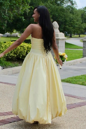 Classy Yellow A-Line Strapless Empire-Waist Satin Long Prom Dress with Slit
