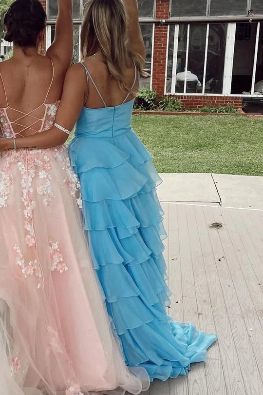 Spaghetti Straps V-Neck Layered Chiffon Sleeveless Long Prom Dress ﻿
