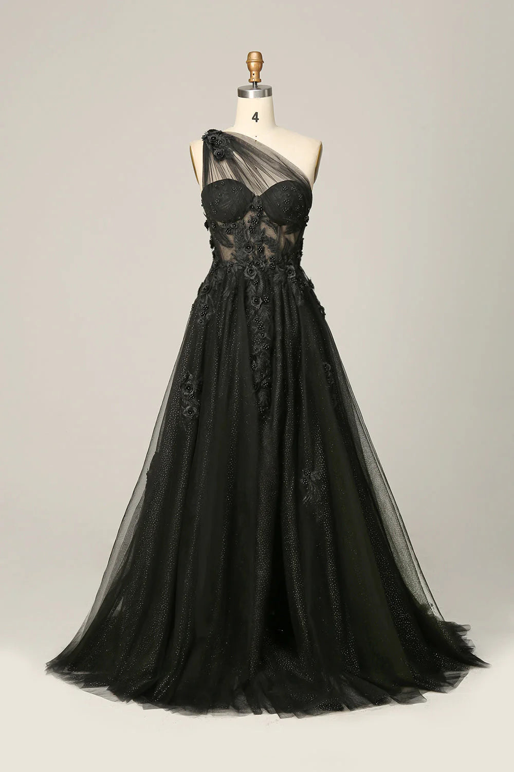 Black one shoulder long chiffon applique ball dress