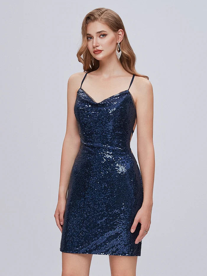 Spaghetti Strap Sequins Backless Short Homecoming Dresses