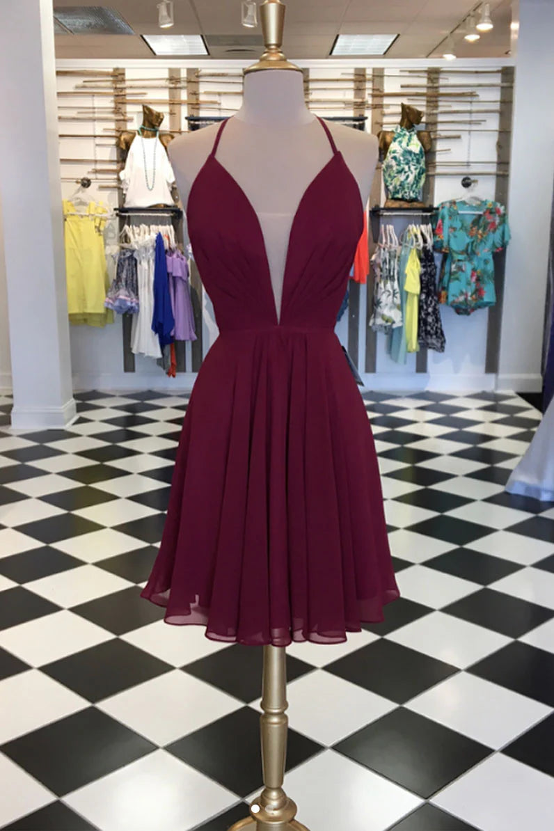 Simple burgundy chiffon short prom dress burgundy homecoming dress