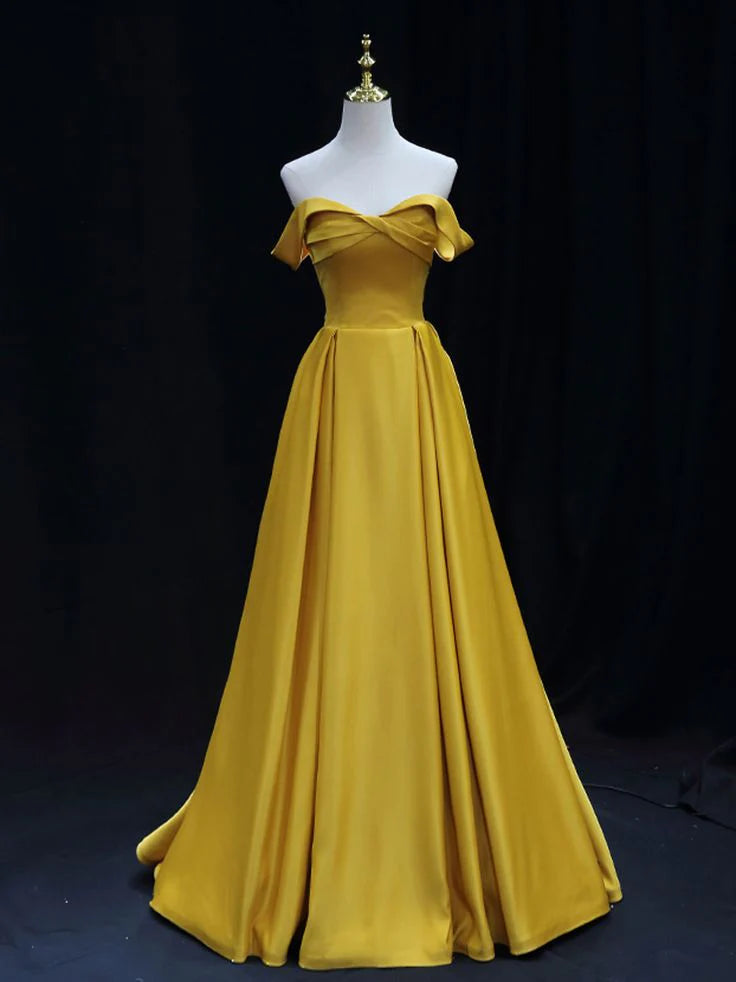 Simple and fashionable off shoulder yellow satin long ball gown formal evening gown
