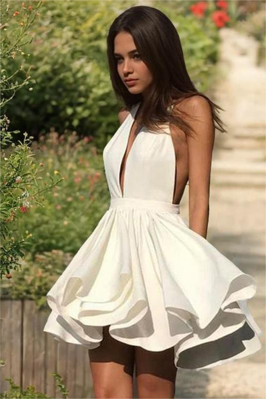 Stunning White Satin Sleeveless Halter Short Homecoming Dress with Ruffles