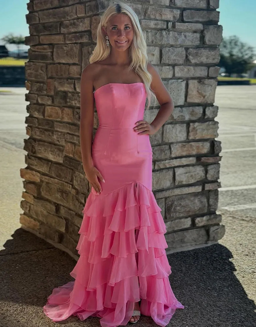 Blue mermaid strapless lotus leaf side length split party dress