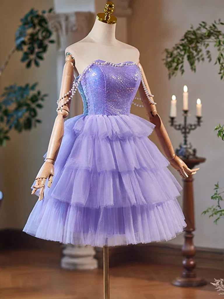 A-Line Sweetheart Neck Purple Short Prom Dress Purple Homecoming Dress