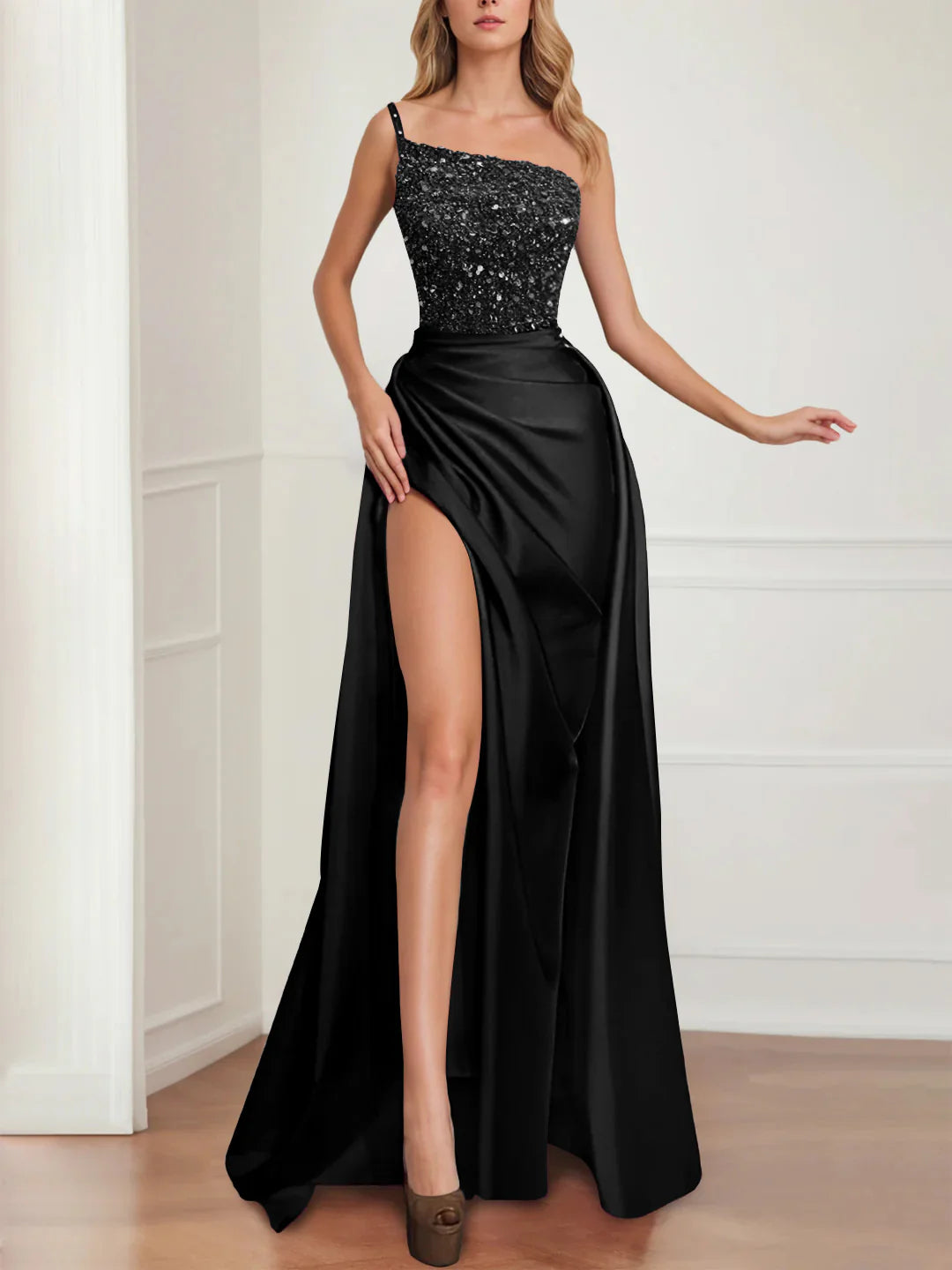 Purple red one shoulder long sequined split floor evening gown