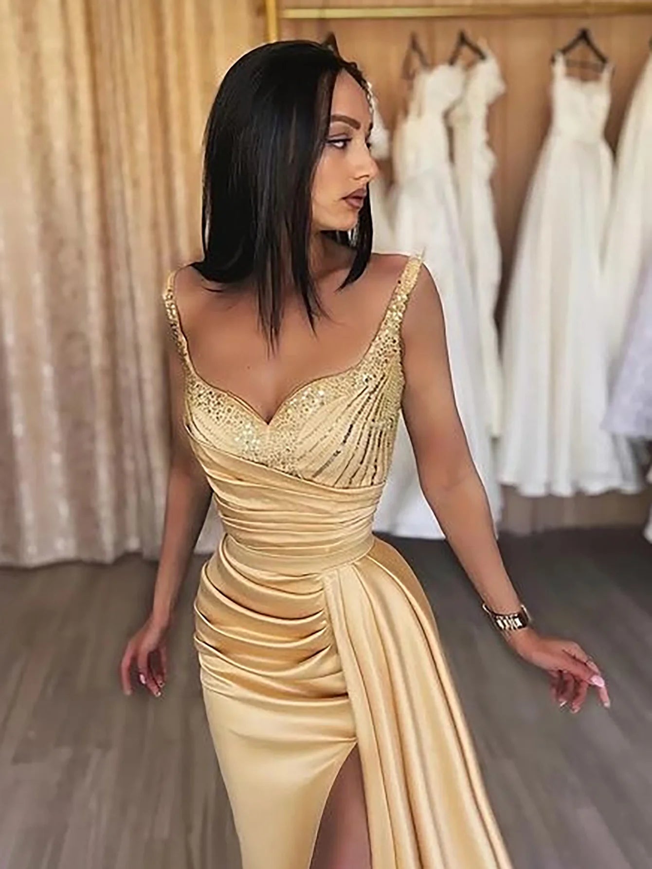 Champagne Sparkly Satin Sleeveless Long Prom Dress