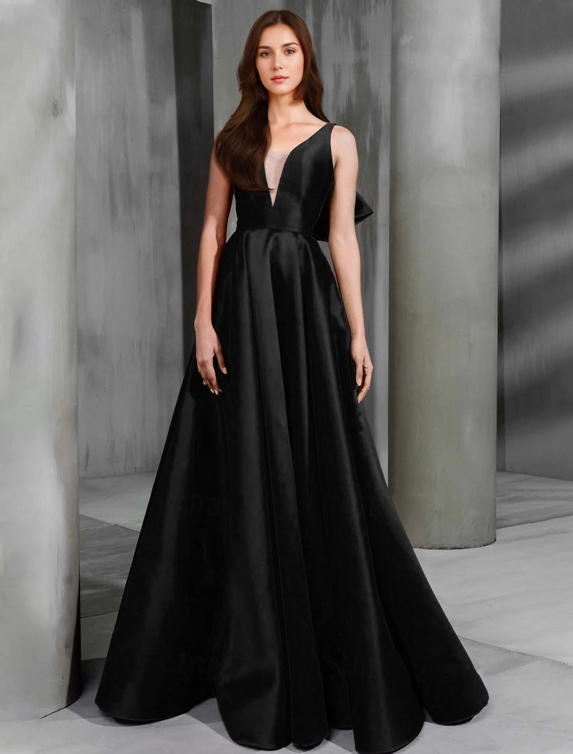 Red Green Black Tie A-Line Evening Gown Elegant Dress Formal Floor Length Sleeveless V Neck Satin with Bow