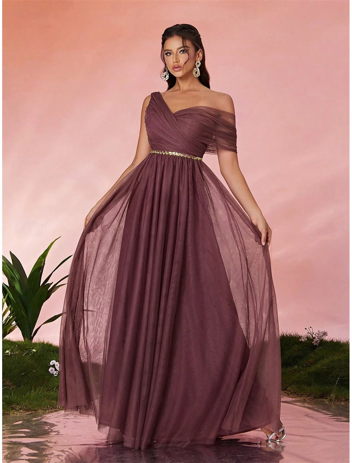 A-Line Quinceanera Dresses Party Dress Wedding Wedding Guest Floor Length Sleeveless V Neck Tulle Backless with Pleats