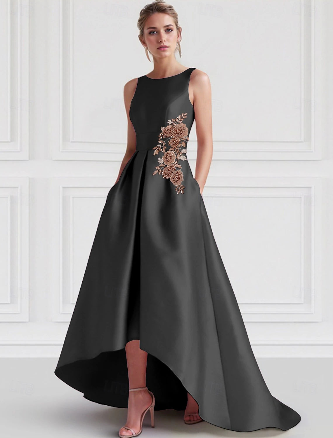 Pink A-Line Floral Satin Evening Gown Elegant Dress Formal Wedding Guest Asymmetrical Sleeveless with Embroidery Appliques Derby Dresses