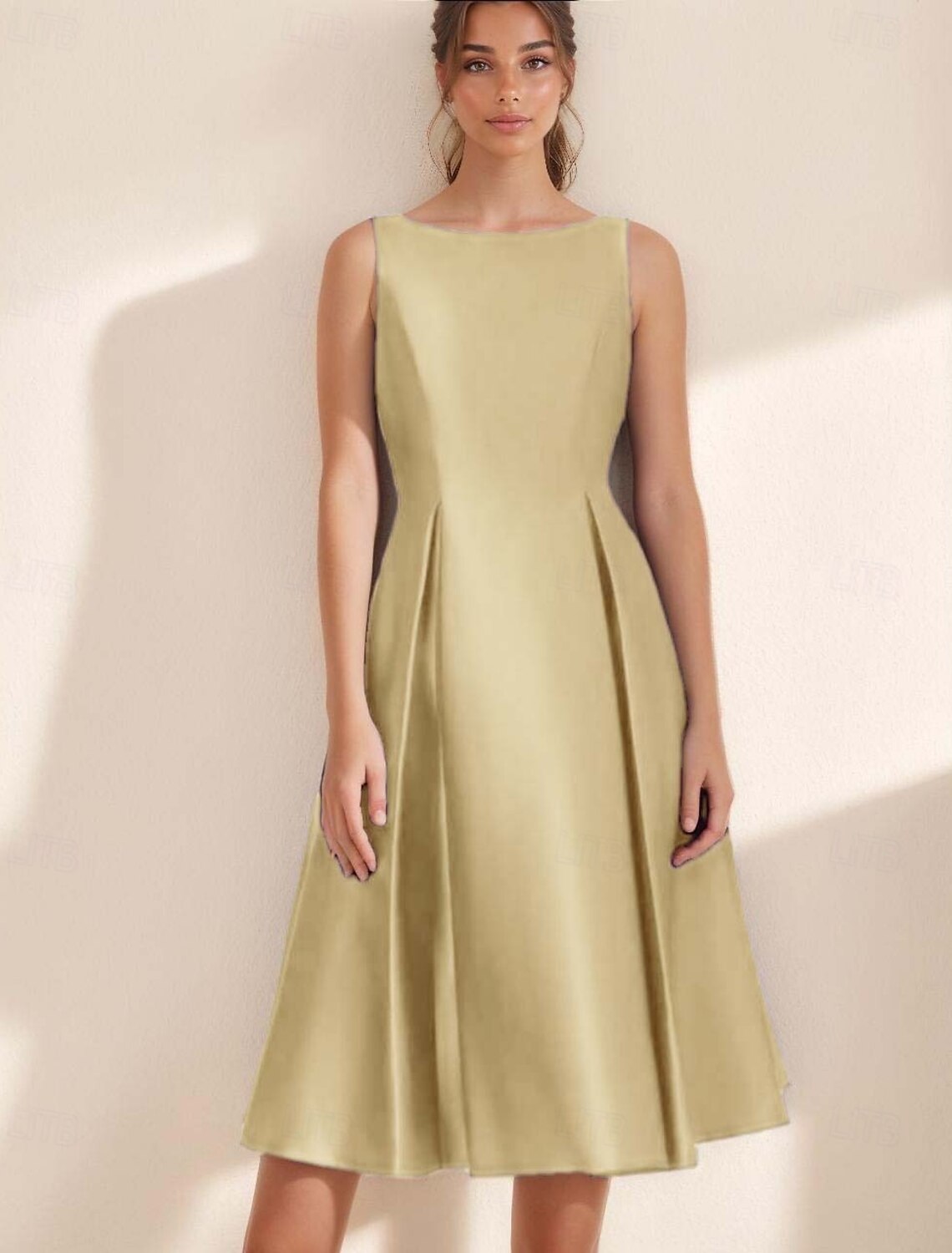 A-Line Cocktail Dresses Elegant Dress Formal Evening Party Tea Length Sleeveless Boat Neck Pocket Satin with Pleats Derby Dresses