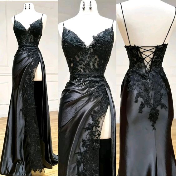 Elegant black lace backless slit long ballroom party dress
