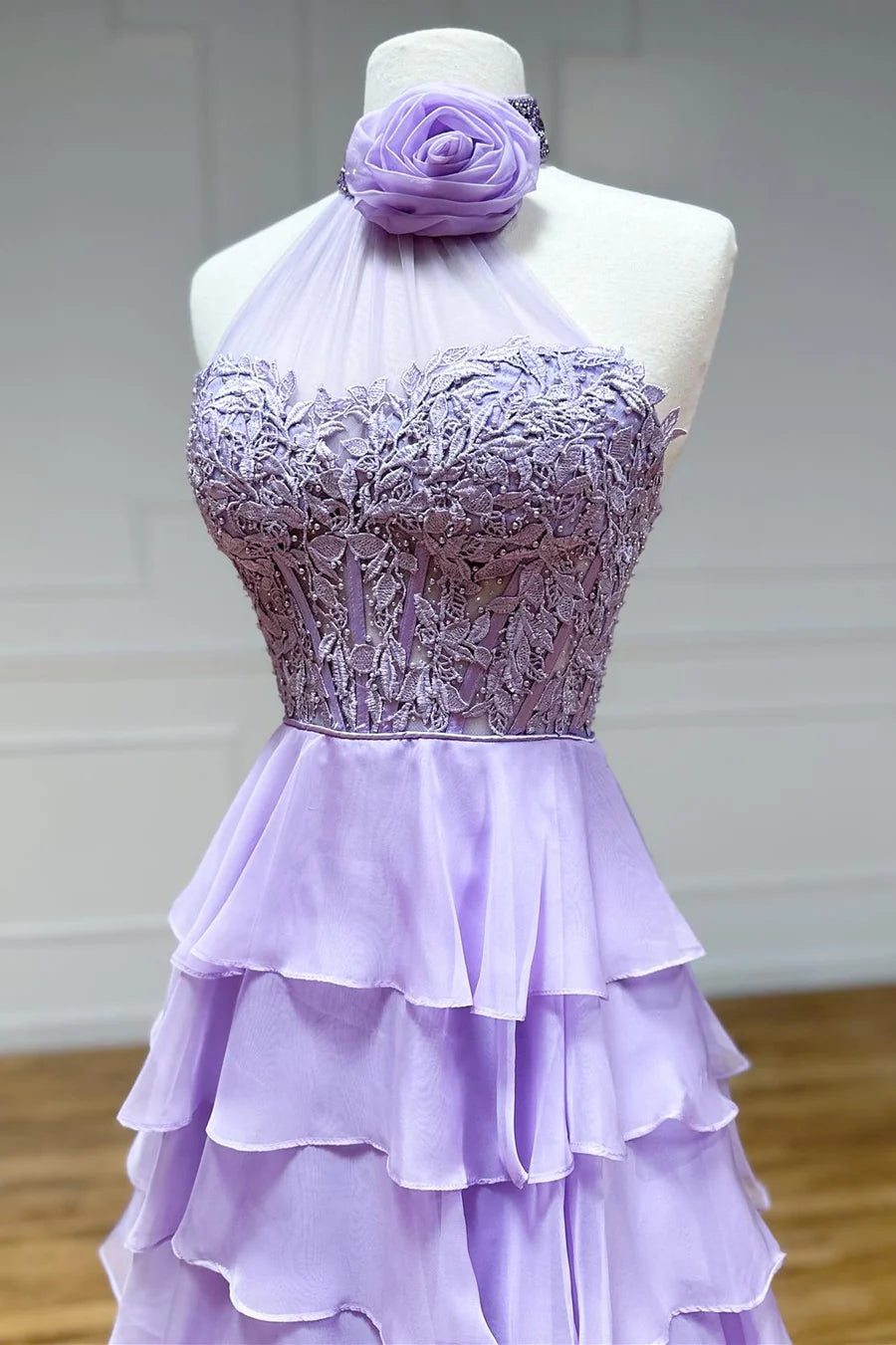Lavender Halter Ruffle Tiered Chiffon Long Prom Dress