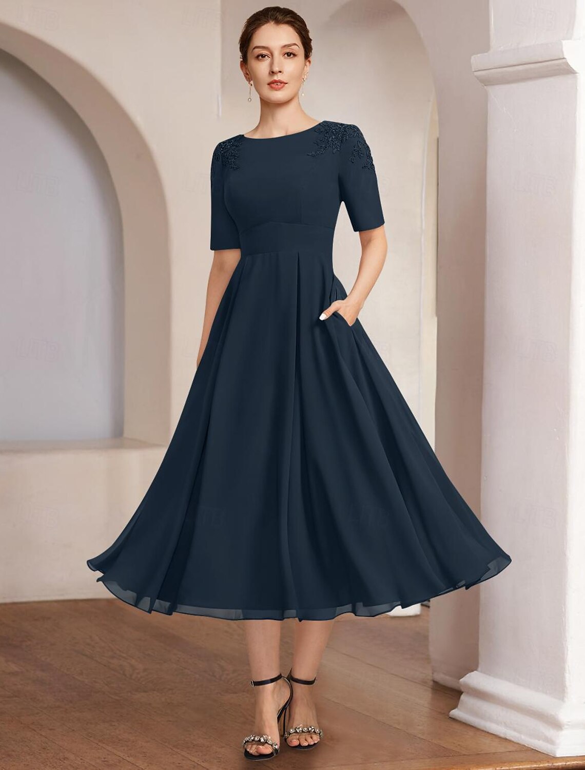 A-Line Mother of the Bride Dress Beach Wedding Formal Elegant Bateau Neck Tea Length Chiffon Half Sleeve with Lace