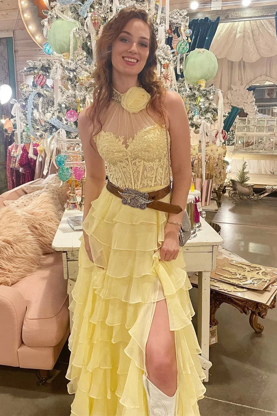 Lavender Halter Ruffle Tiered Chiffon Long Prom Dress